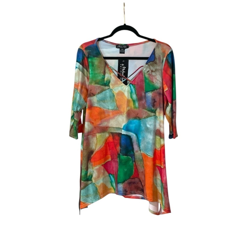 Michael Tyler Top Blouse Tunic 3/4 Sleeve V-neck Casual Abstract Women’s Size L